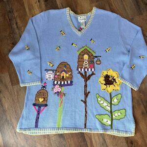 Quacker Factory 1X Bee Garden Sweater Embroidered Honey Hive Garden Cottagecore